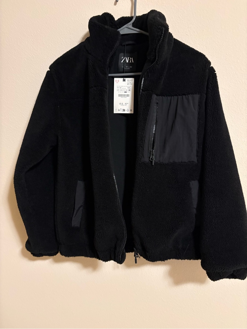 Zara Kids Black Sherpa Jacket with Chest Zip Pocket